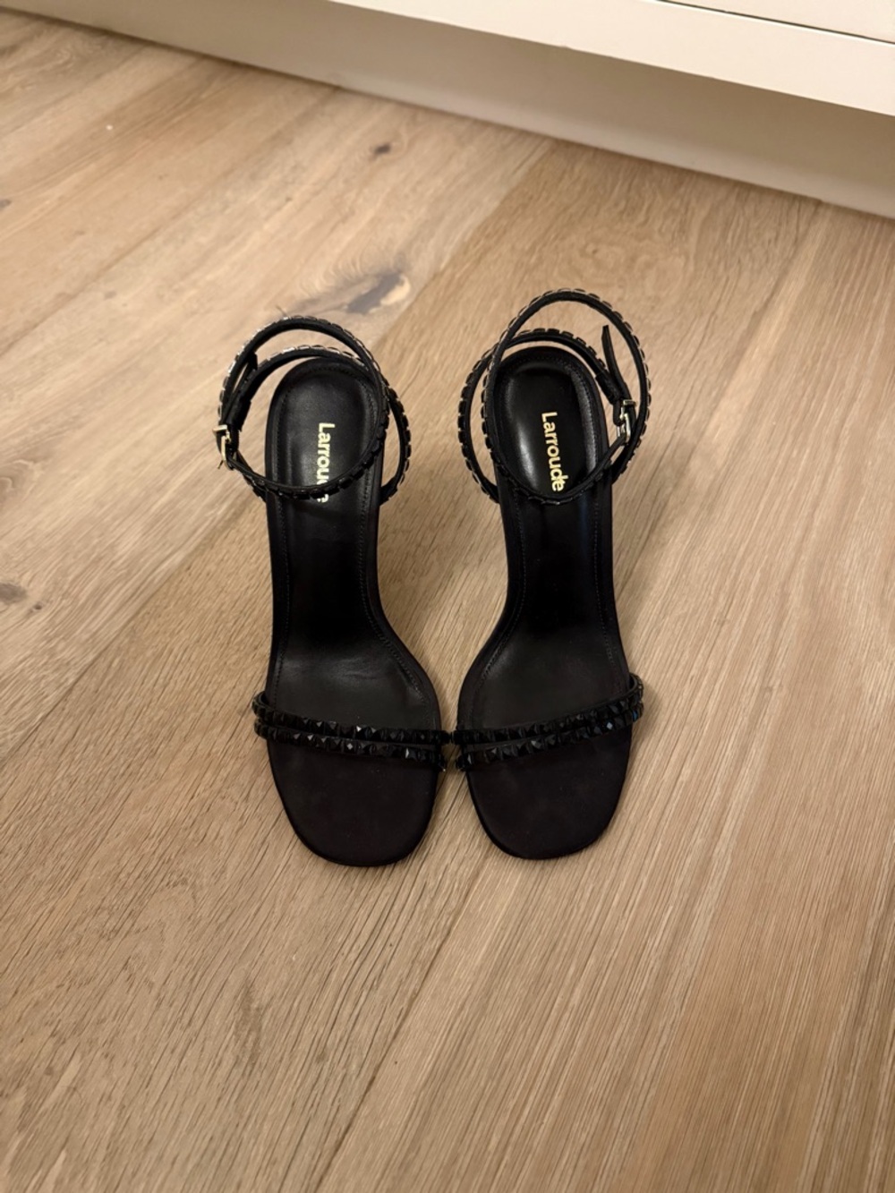 Larroude Lola heel Black Studded Ankle-Strap Stiletto Sandals - Picture 2 of 7